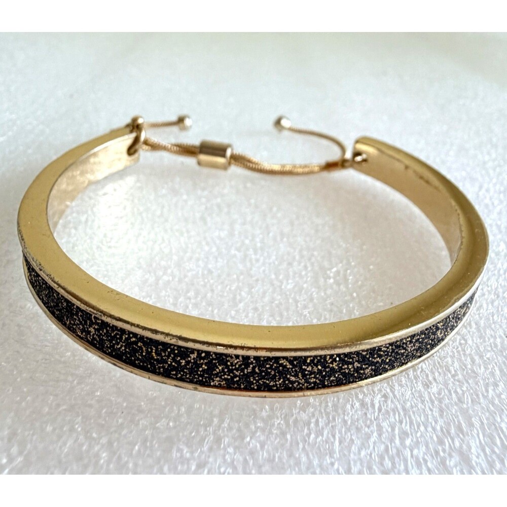 Gold Tone Adjustable Bolo Slider Cuff Bracelet Black Gold Glitter Inlay